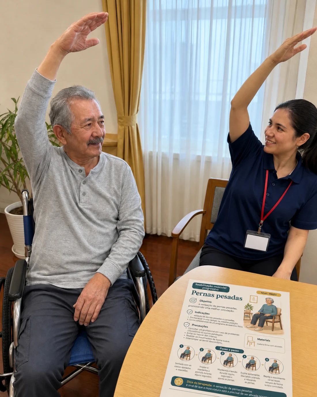 Exercício na cadeira de rodas com a ficha Pernas pesadas